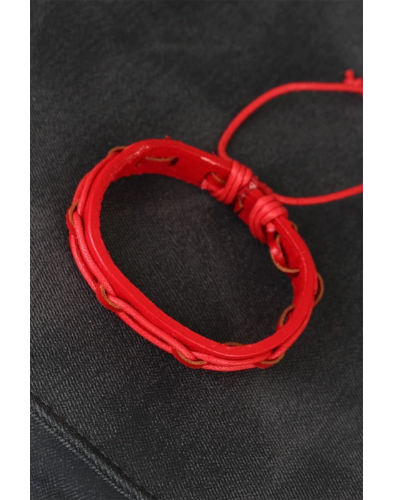 Kırmızı Renk Ayarlamalı İpli Deri Erkek Bileklik
