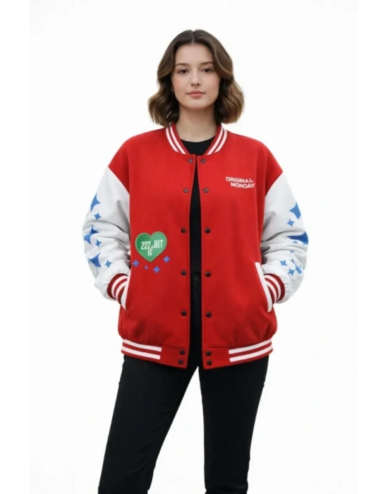 Kırmızı Varsity Çıtçıtlı Baskılı Oversize Kalıp Kolej Ceket - Kırmızı