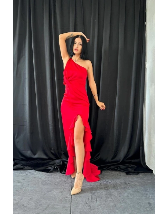 Kırmızı Volanlı Saten Abiye