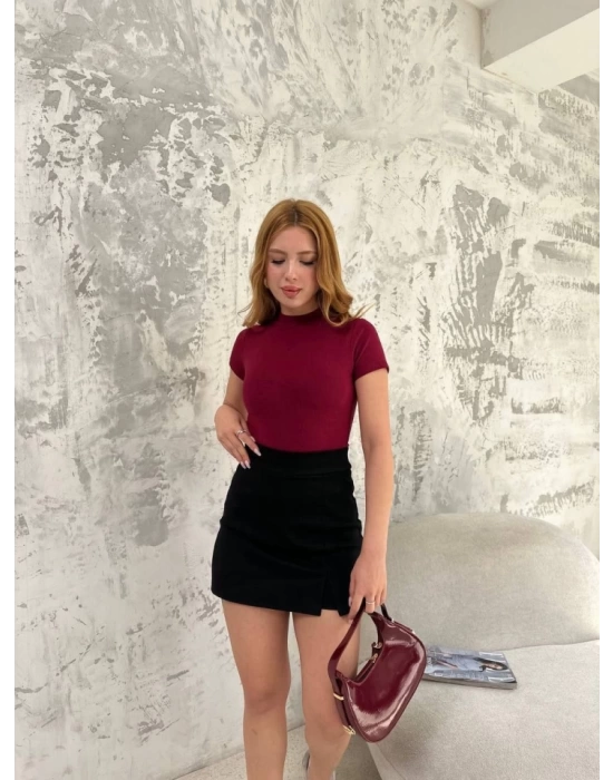 Kısa Kol Badi Bluz - Bordo
