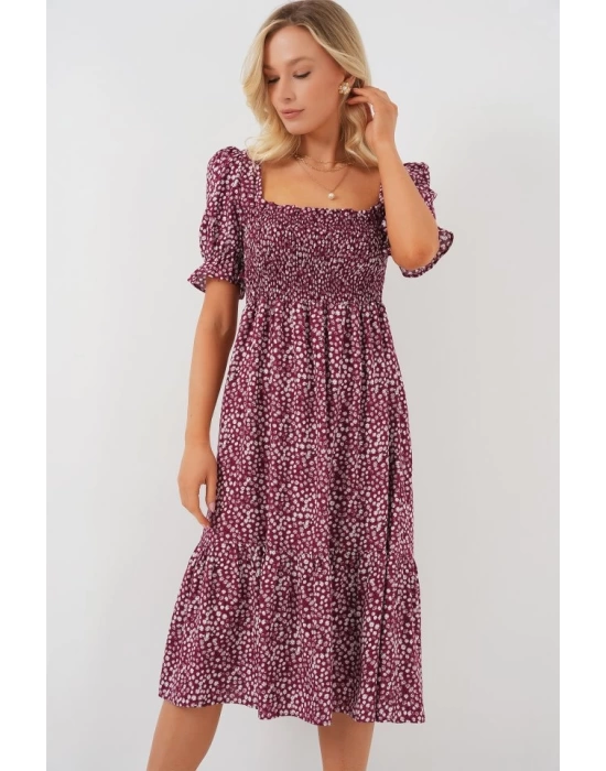 Kısa Kol Çiçekli Elbise 2556 - Bordo
