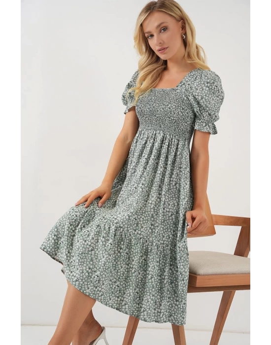 Kısa Kol Çiçekli Elbise 2556 - Mint