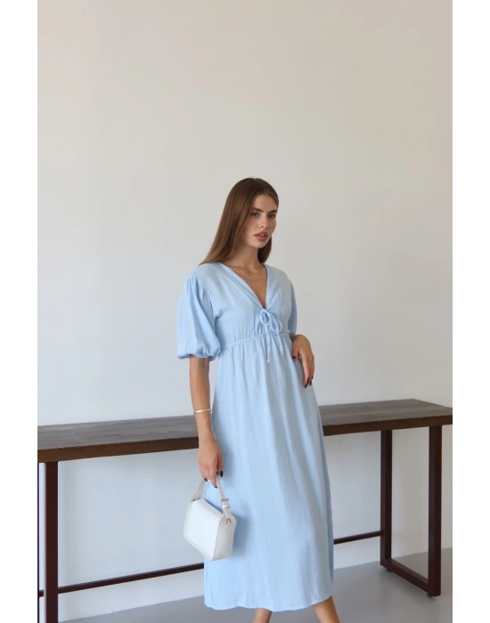 Kısa kollu müslin elbise mavi pt