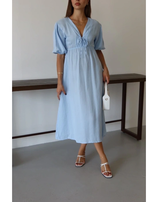 Kısa kollu müslin elbise mavi pt