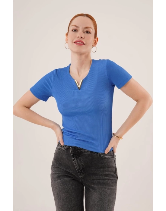 Kısa Kollu Yaka Detaylı Kaşkorse Saks Bluz