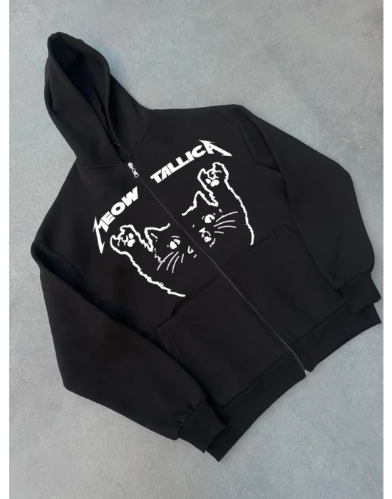 Kışlık Baskılı Fermuarlı Kapüşonlu Hırka - Siyah