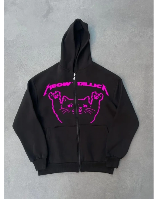 Kışlık Baskılı Fermuarlı Kapüşonlu Hırka - Siyah