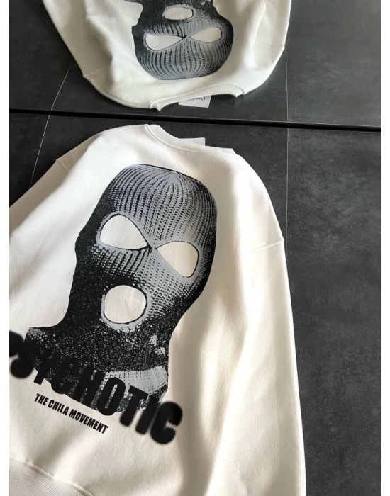 Kışlık Bisiklet Yaka Baskılı SweatShirt - Beyaz