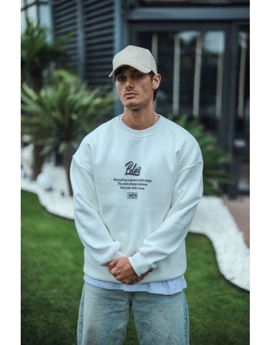 Kışlık Bisiklet Yaka Ön Ve Arka Baskılı SweatShirt - Beyaz