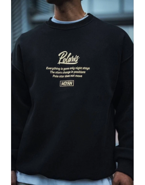 Kışlık Bisiklet Yaka Ön Ve Arka Baskılı SweatShirt - Siyah