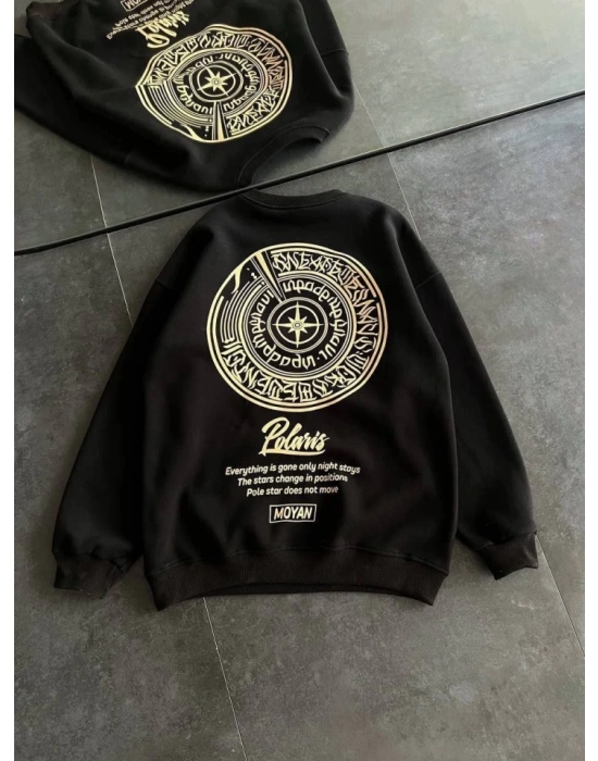 Kışlık Bisiklet Yaka Ön Ve Arka Baskılı SweatShirt - Siyah