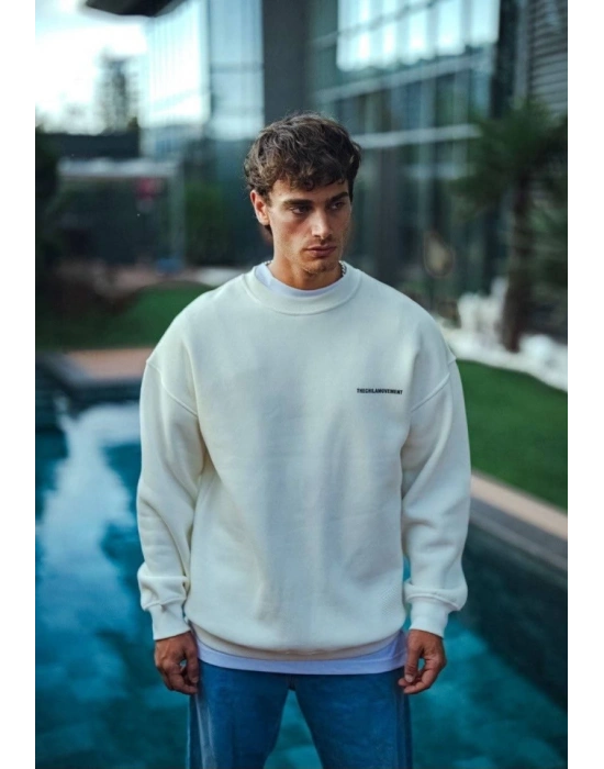 Kışlık Bisiklet Yaka Oversize Baskılı SweatShirt - Beyaz