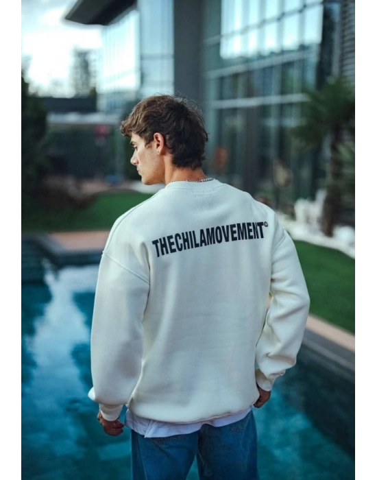 Kışlık Bisiklet Yaka Oversize Baskılı SweatShirt - Beyaz