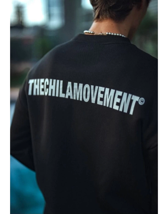 Kışlık Bisiklet Yaka Oversize Baskılı SweatShirt - Siyah