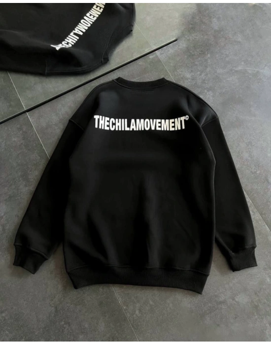 Kışlık Bisiklet Yaka Oversize Baskılı SweatShirt - Siyah