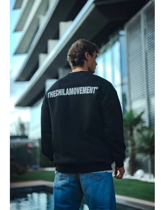 Kışlık Bisiklet Yaka Oversize Baskılı SweatShirt - Siyah