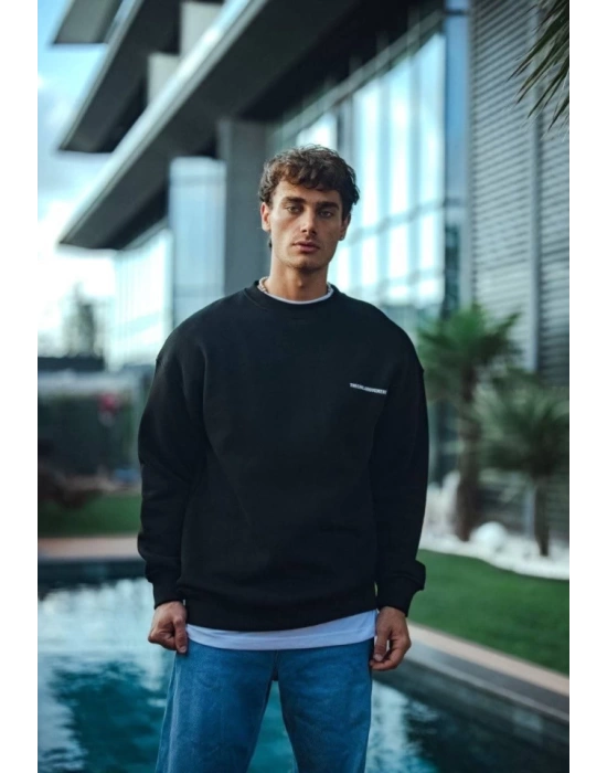 Kışlık Bisiklet Yaka Oversize Baskılı SweatShirt - Siyah