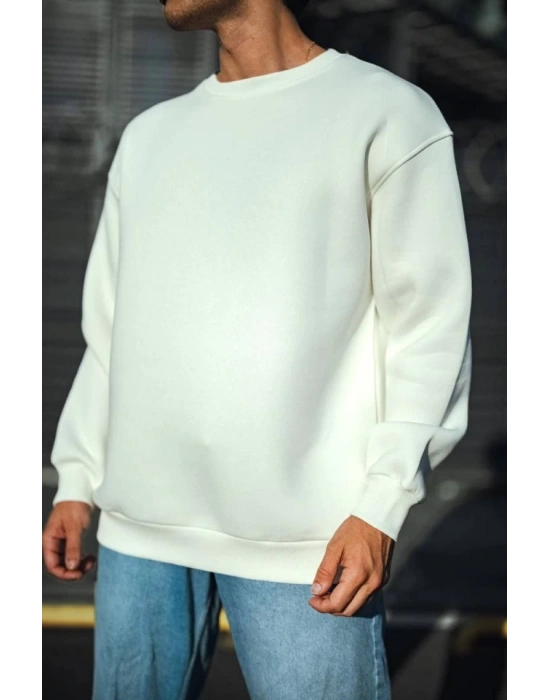 Kışlık Bisiklet Yaka Üç İplik Basic SweatShirt - Beyaz