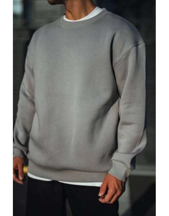 Kışlık Bisiklet Yaka Üç İplik Basic SweatShirt - Boyalı Gri