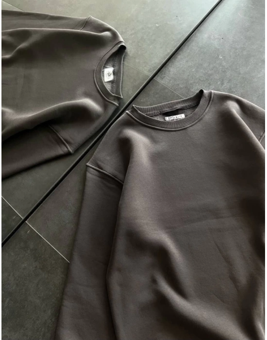 Kışlık Bisiklet Yaka Üç İplik Basic SweatShirt - Füme