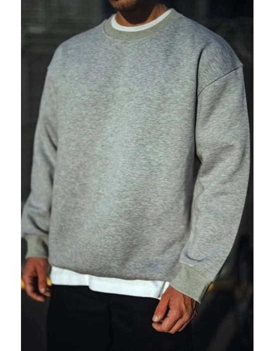 Kışlık Bisiklet Yaka Üç İplik Basic SweatShirt - Gri