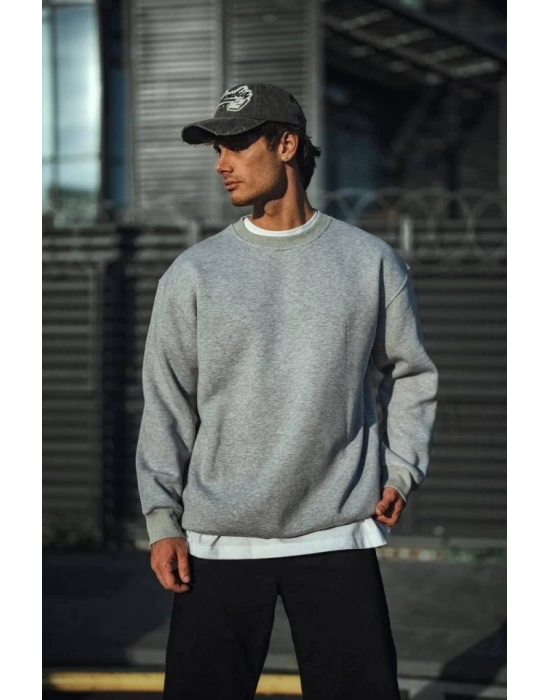 Kışlık Bisiklet Yaka Üç İplik Basic SweatShirt - Gri