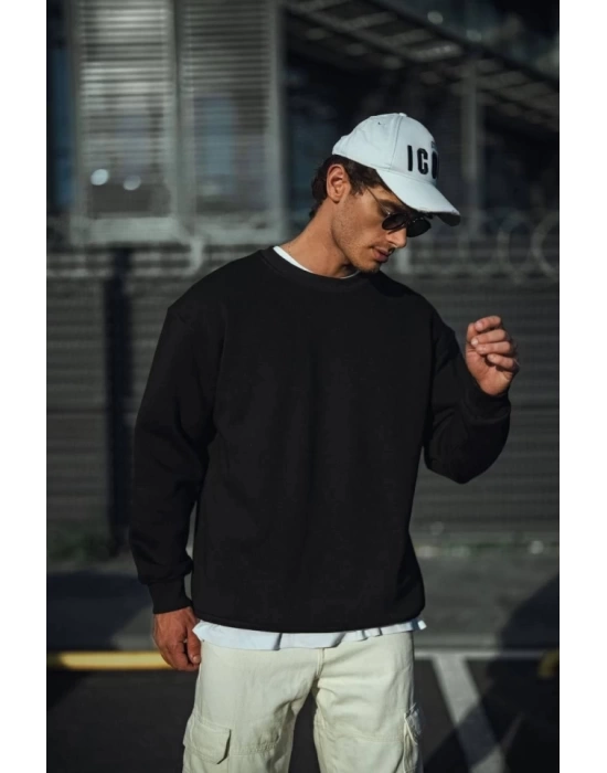 Kışlık Bisiklet Yaka Üç İplik Basic SweatShirt - Siyah
