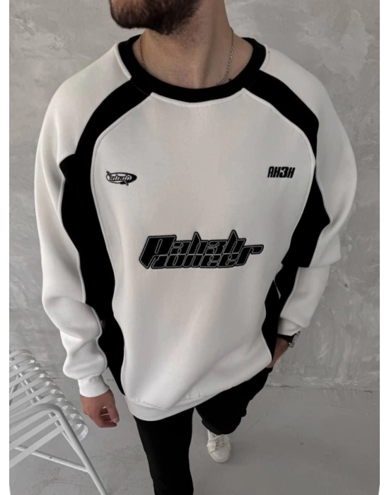 Kışlık Nakış İşlemeli Bisiklet Yaka Parçalı SweatShirt - Beyaz