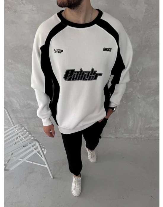 Kışlık Nakış İşlemeli Bisiklet Yaka Parçalı SweatShirt - Beyaz