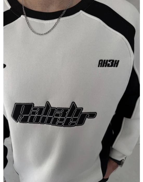 Kışlık Nakış İşlemeli Bisiklet Yaka Parçalı SweatShirt - Beyaz