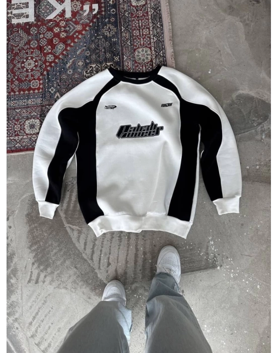 Kışlık Nakış İşlemeli Bisiklet Yaka Parçalı SweatShirt - Beyaz