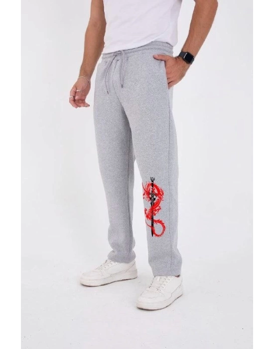 Kışlık Üç İplik Baskılı Eşofman Pantolon - Gri