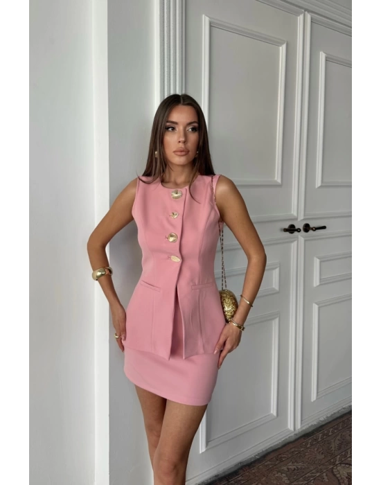 KLASİK GOLD DÜĞMELİ YELEK - KISA ETEK TAKIM - Pembe
