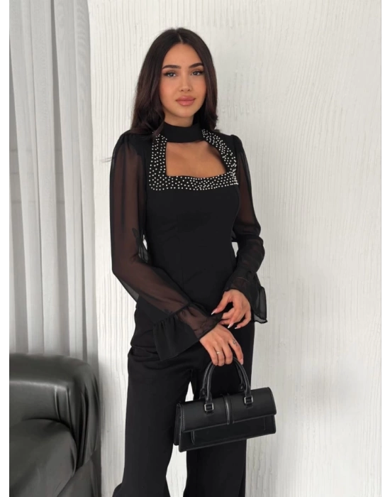 Kolları Şifon Göğüste İnci Boncuk Detaylı Bluz - Siyah