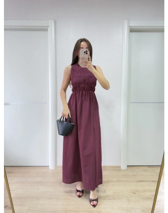 Kolsuz Göğüs Lastıklı Uzun Elbise - Bordo