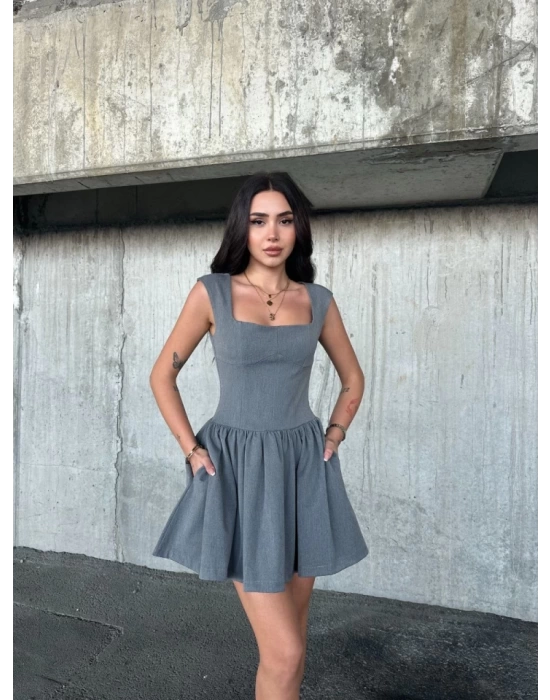 Kolsuz Mini Elbise- Gri
