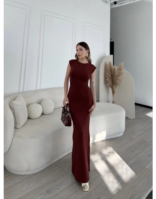 Kolsuz Uzun Likralı Elbise - Bordo