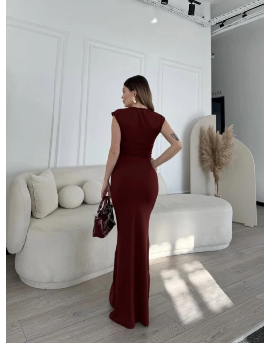 Kolsuz Uzun Likralı Elbise - Bordo