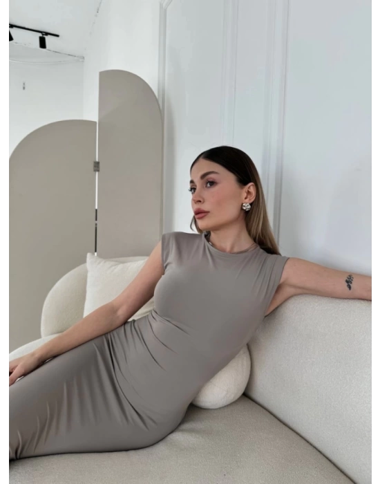 Kolsuz Uzun Likralı Elbise - Gri