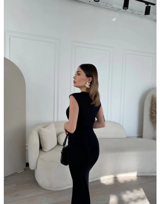 Kolsuz Uzun Likralı Elbise - Siyah