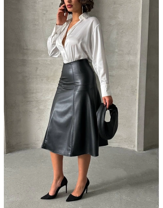 Komple parçalı deri etek siyah h26441