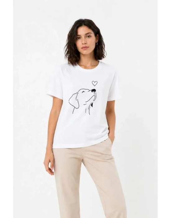 Köpek Figürlü Minimal Baskılı Tişört Kısa Kol Yazlık T-Shirt - Beyaz