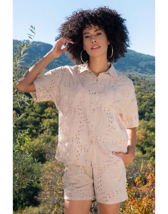 KORDONE NAKIŞLI KISA KOL GÖMLEK KADIN 410065