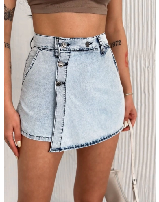 Kot Jeans Kesimetrik Kesim Cepli Şortlu Etek - Gri