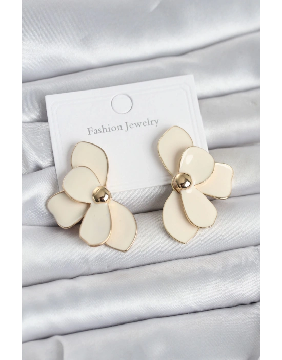 Krem Mineli Lotus Model Pirinç Kadın Küpe