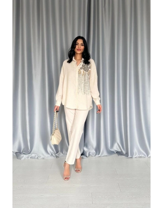 Krem Pulpayet Nakışlı Bedensiz Gömlek
