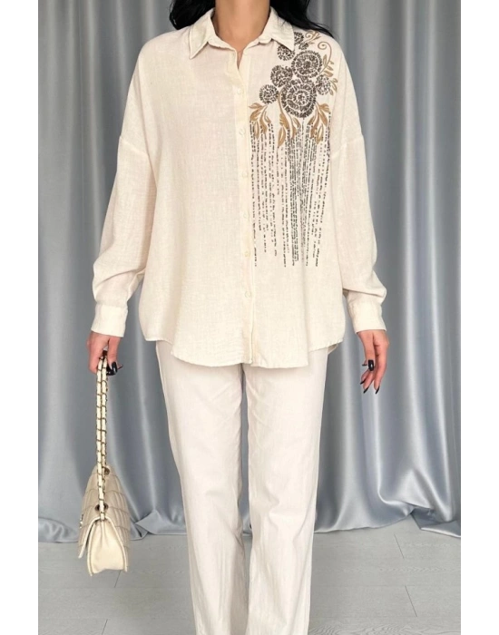 Krem Pulpayet Nakışlı Bedensiz Gömlek