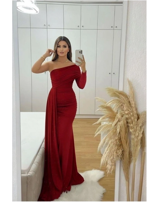 Krep Kumaş Abiye Elbise Omuz Tek Kuyruklu Maxi