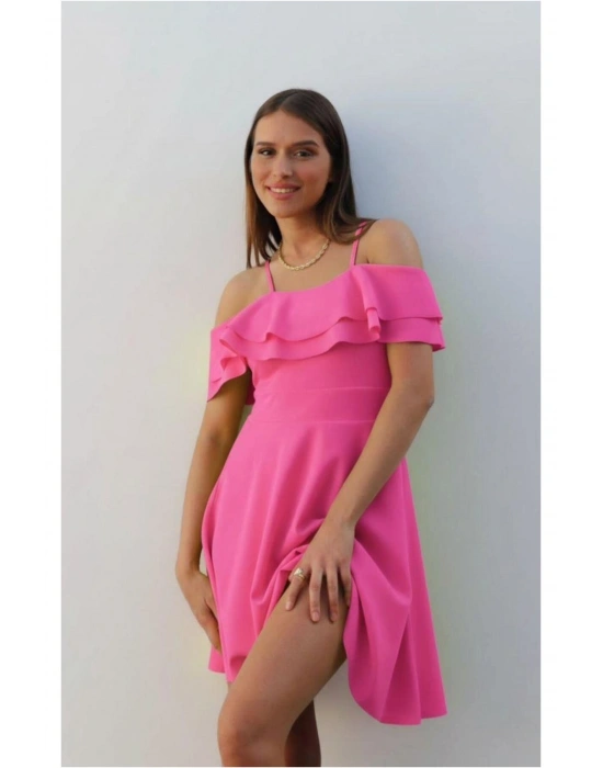 Krep Kumaş Abiye Elbise Volanlı Askılı