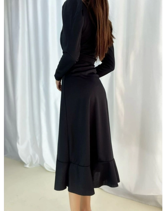 Krep Kumaş Midi Boy Kuşaklı Uzunkol Elbise 113 Cm